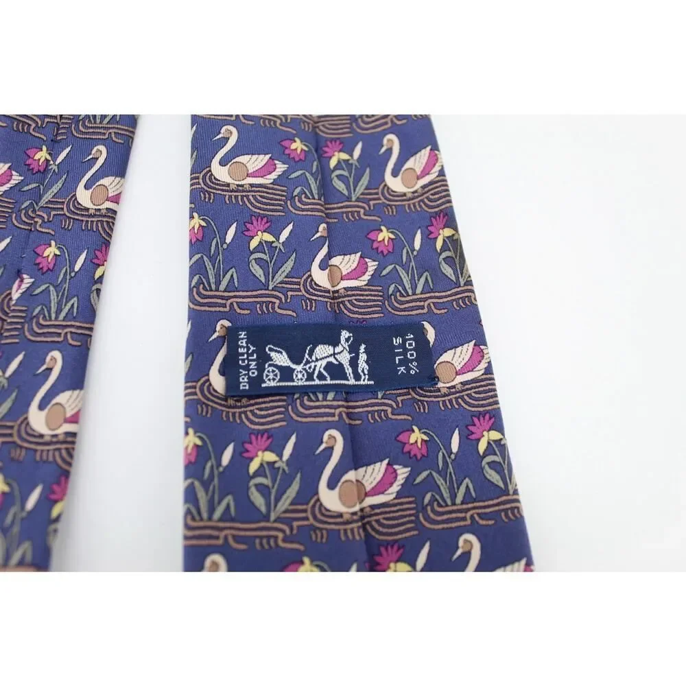 Hermès Swan Tie Mens Blue 100% Silk Made In France Novelty Animal Print